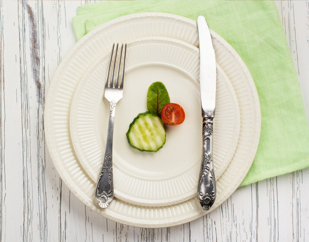 A plate with only a single cucumber slice and cherry tomato on it.