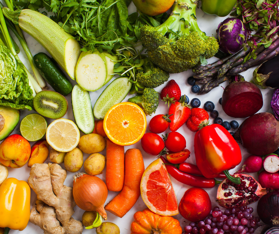 mixed colorful fruits and veggies