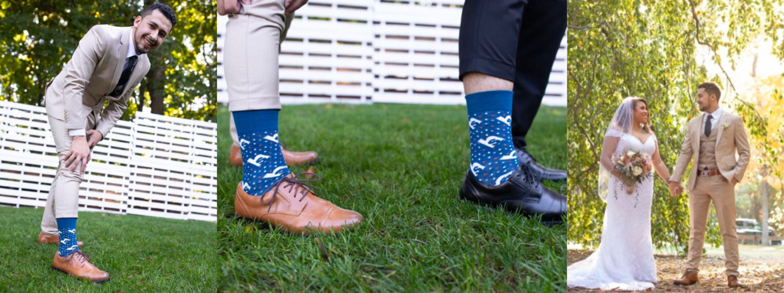 Three photos from Ramon's wedding wear he's wearing the HCSG socks.
